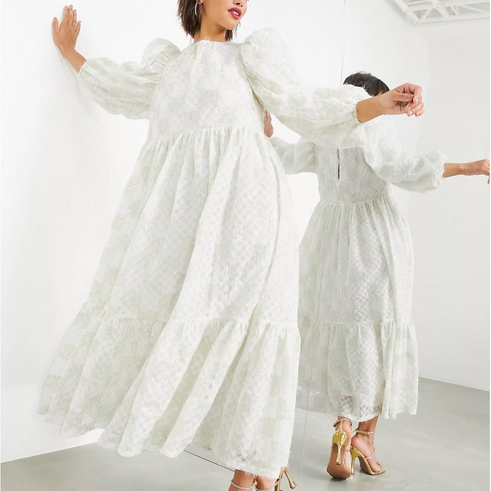 NWT ASOS Oversized Ivory Cream Maxi Dress in Metallic Gold Textured Mesh